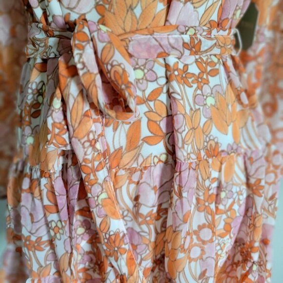 REYGRASS Long Sleeve Orange Pink Floral Dress Light Sheer Fabric Women's SZ M - Picture 8 of 9
